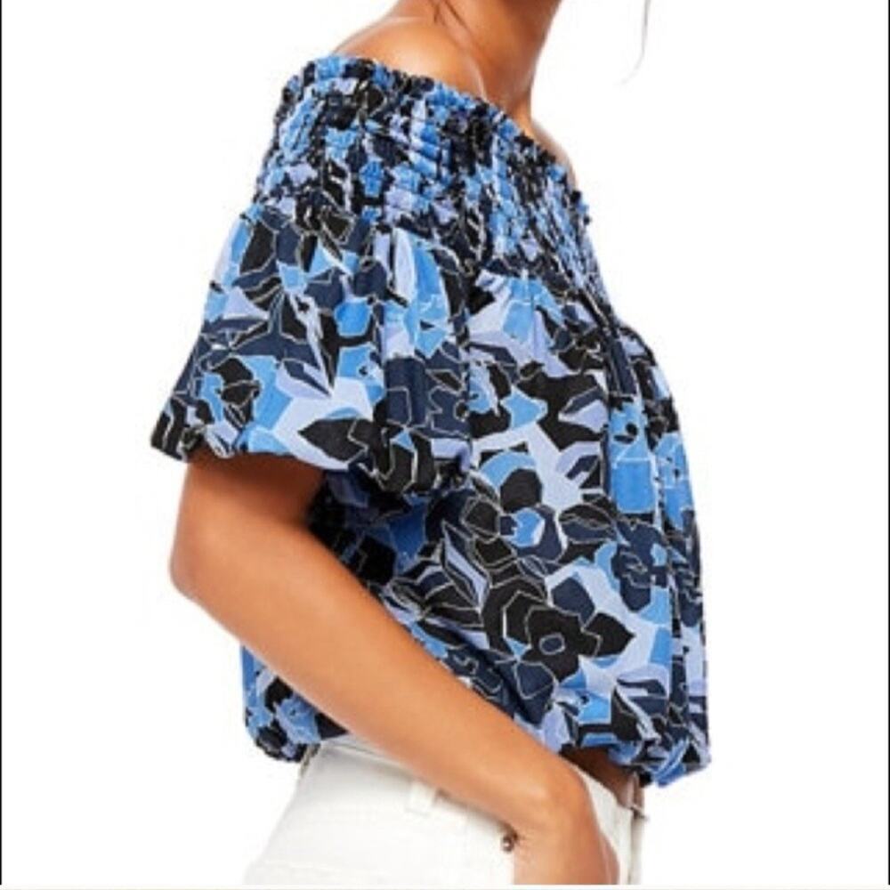 Free People Blue Black Floral Off-Shoulder Blouse - Picture 2 of 7